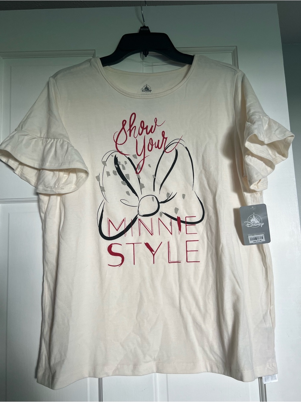 Womenβs Disney Minnie Style Cream Graphic Ruffle Sleeve Tee L